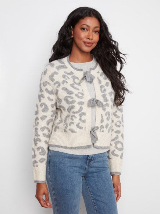 Charlie B Long Sleeve Bow Tie Front Jacquard Sweater Cardigan