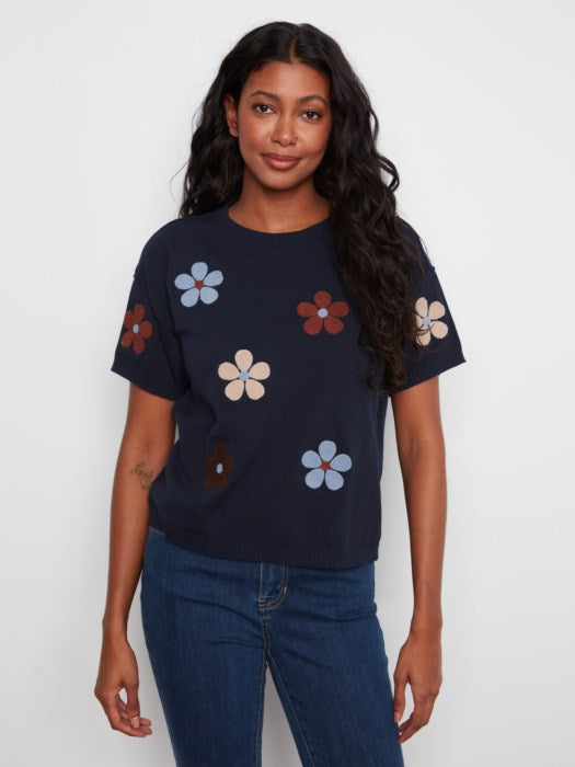Charlie B Elbow Sleeve Embroidered Flowers Crew Neck Sweater