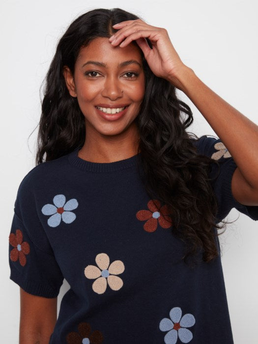 Charlie B Elbow Sleeve Embroidered Flowers Crew Neck Sweater