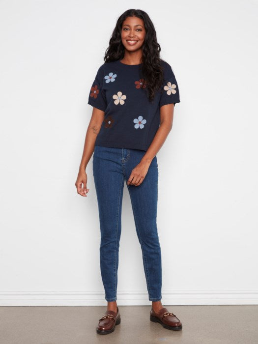 Charlie B Elbow Sleeve Embroidered Flowers Crew Neck Sweater