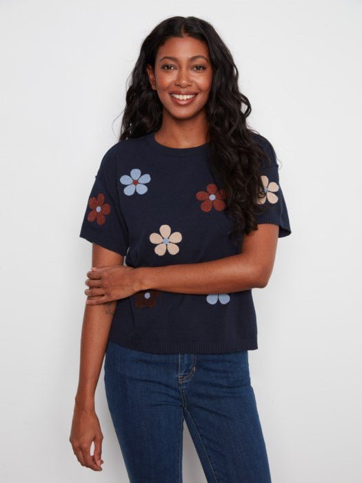 Charlie B Elbow Sleeve Embroidered Flowers Crew Neck Sweater