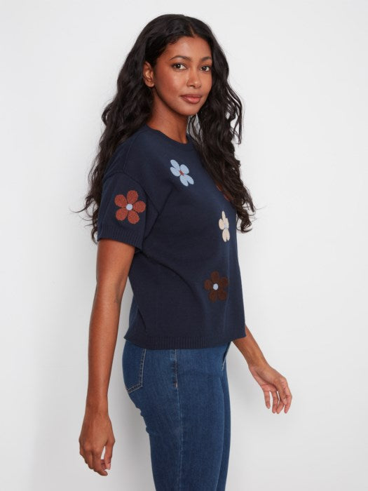 Charlie B Elbow Sleeve Embroidered Flowers Crew Neck Sweater