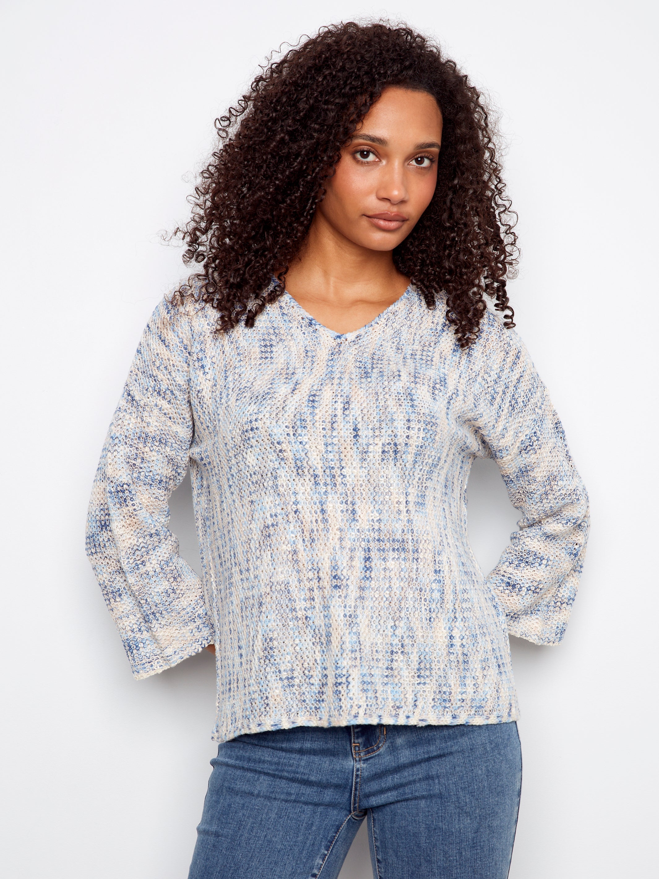 Charlie B Drop Shoulder V-Neck Crochet Sweater – Dales Clothing