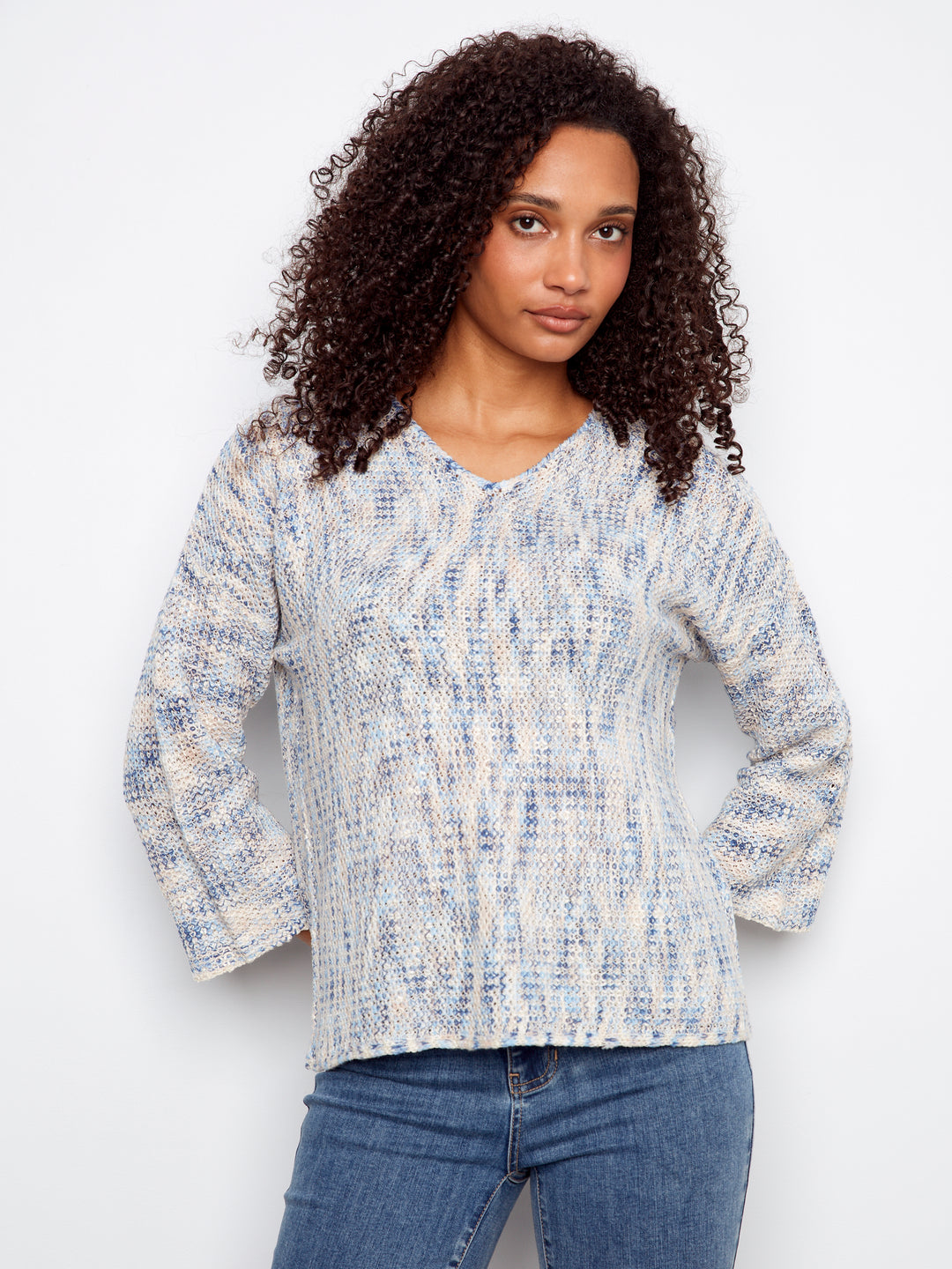 Charlie B Drop Shoulder V-Neck Crochet Sweater