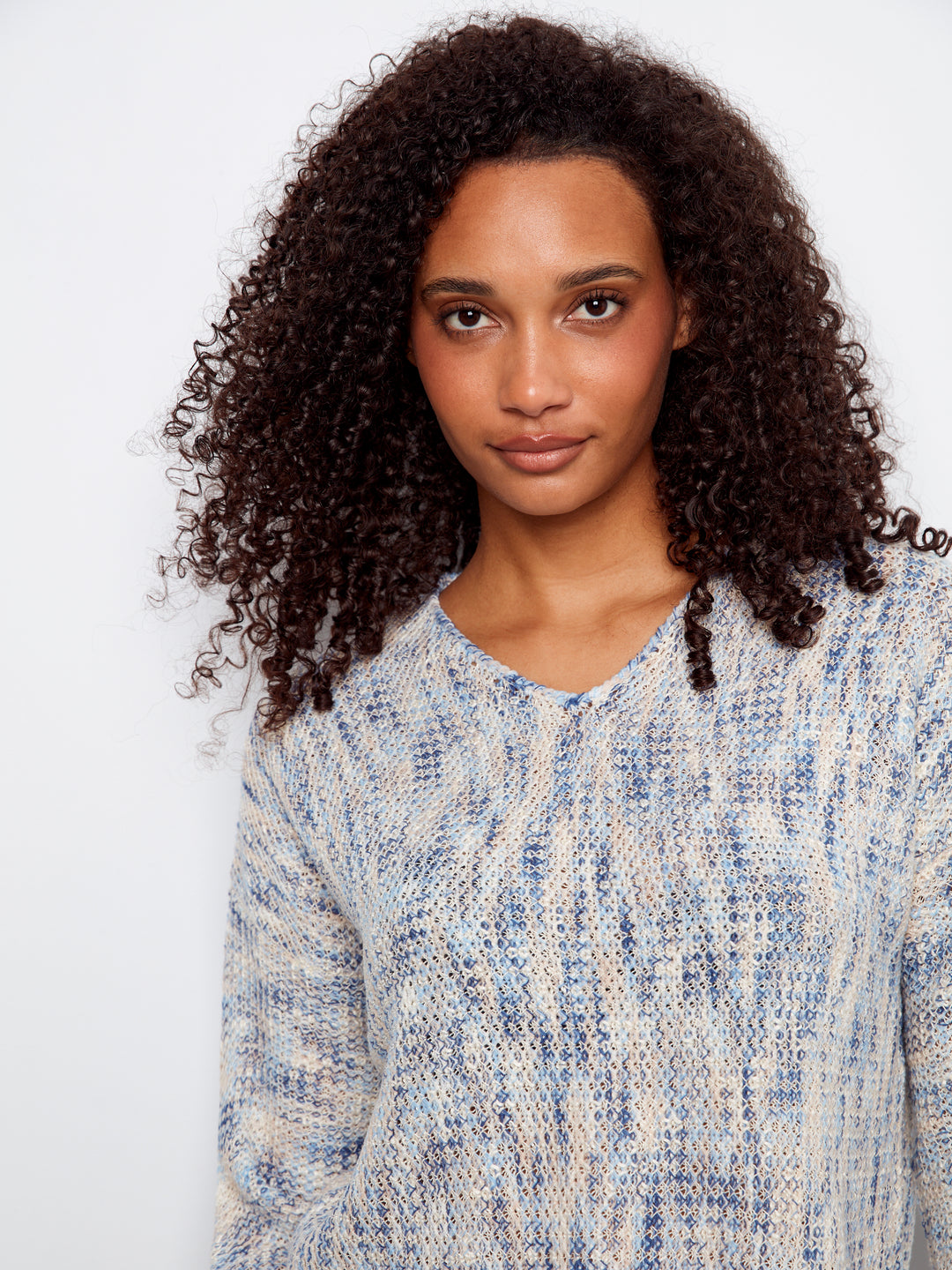 Charlie B Drop Shoulder V-Neck Crochet Sweater