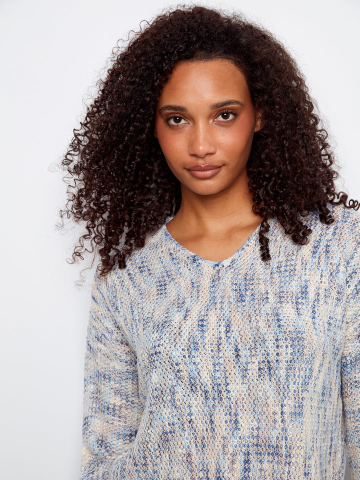 Charlie B Drop Shoulder V-Neck Crochet Sweater
