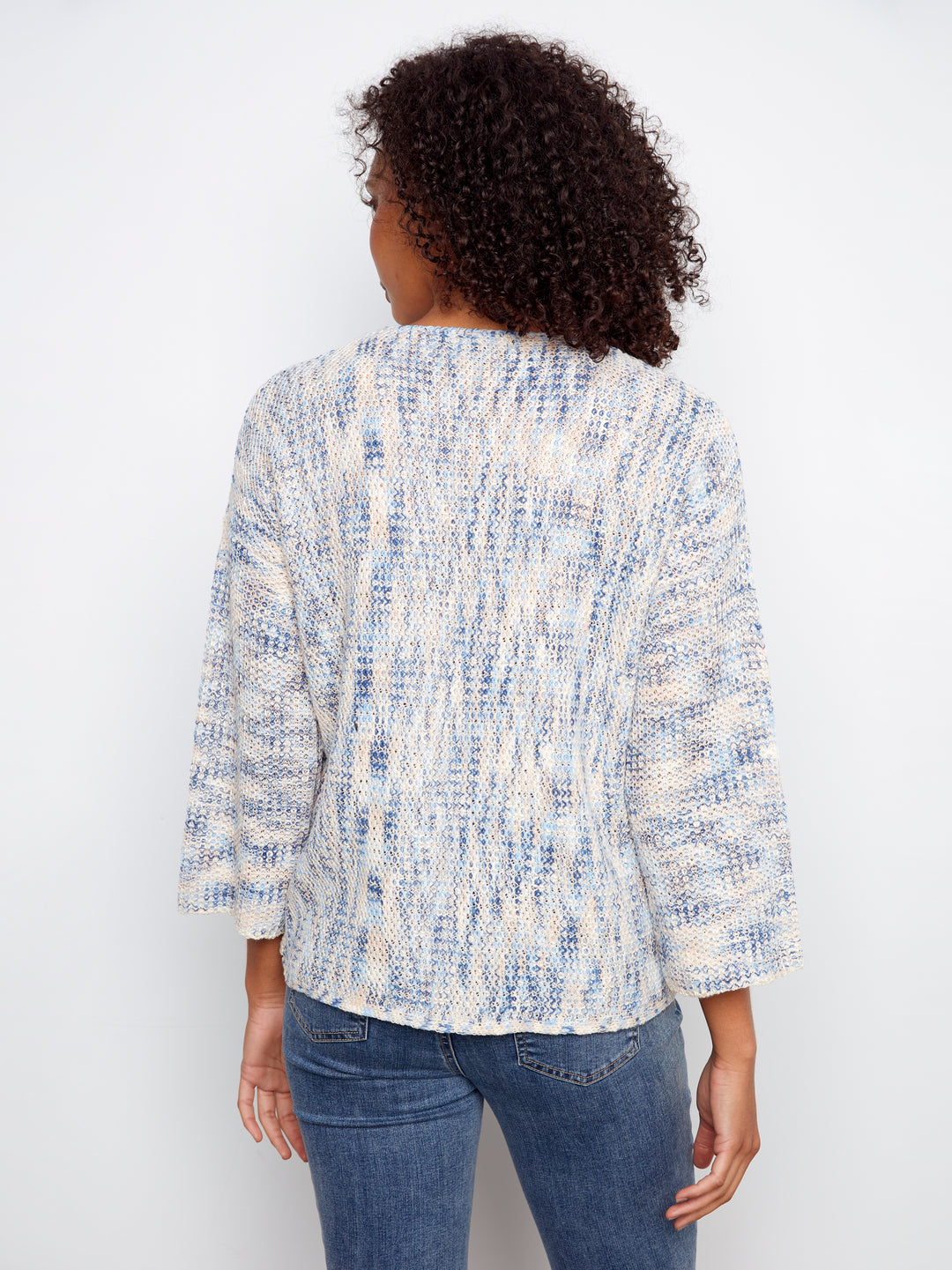 Charlie B Drop Shoulder V-Neck Crochet Sweater