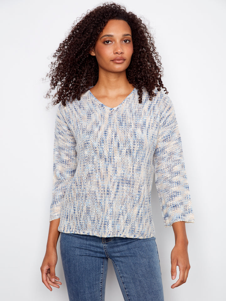 Charlie B Drop Shoulder V-Neck Crochet Sweater
