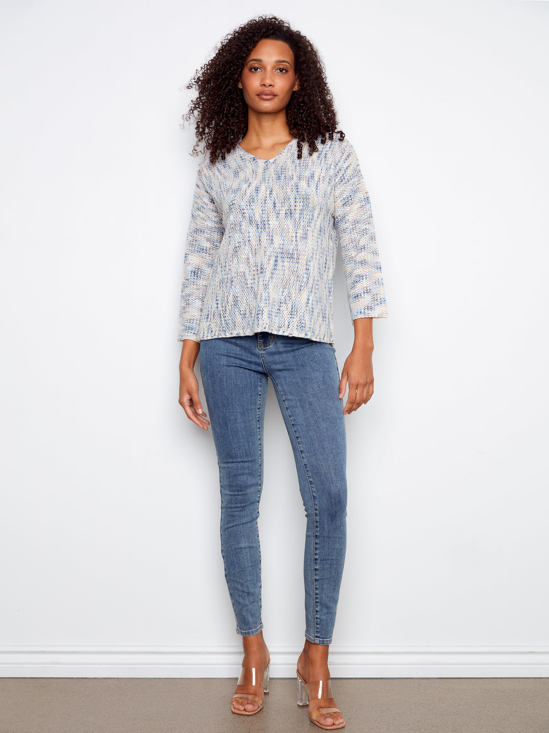 Charlie B Drop Shoulder V-Neck Crochet Sweater