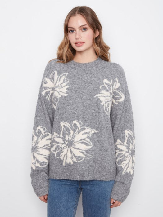 Charlie B Long Sleeve Drop Shoulder Crew Neck Placed Jacquard Sweater