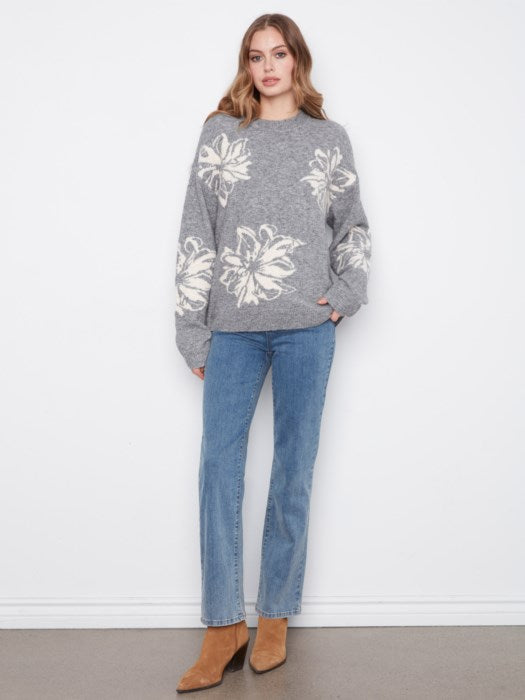 Charlie B Long Sleeve Drop Shoulder Crew Neck Placed Jacquard Sweater