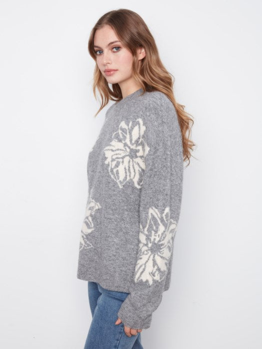 Charlie B Long Sleeve Drop Shoulder Crew Neck Placed Jacquard Sweater
