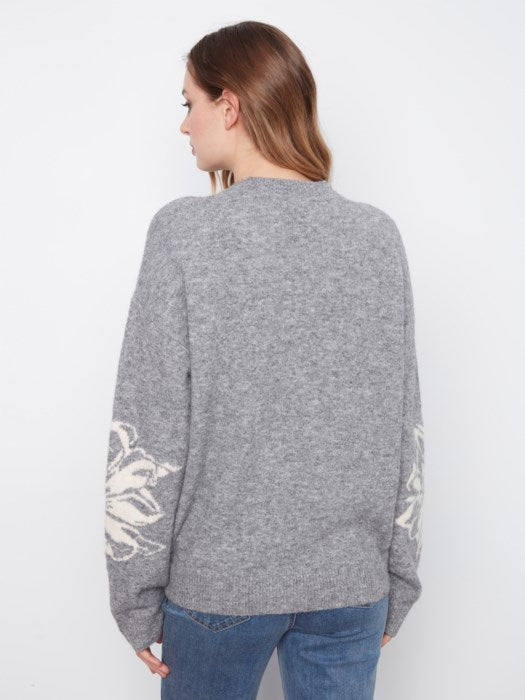 Charlie B Long Sleeve Drop Shoulder Crew Neck Placed Jacquard Sweater