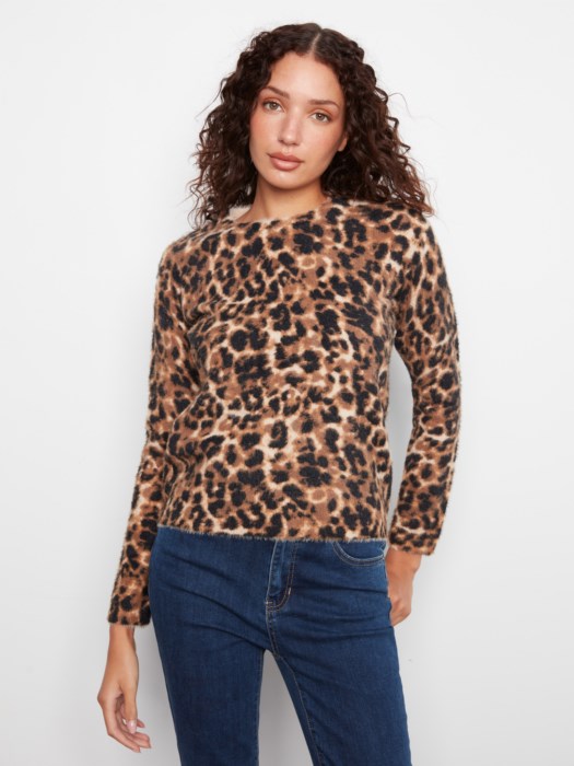 Charlie B Long Sleeve Hairy Knit Crew Neck Printed Sweater