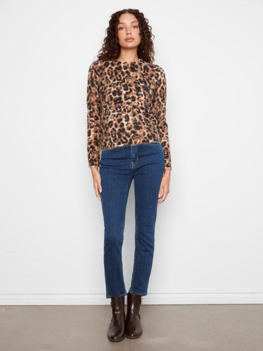 Charlie B Long Sleeve Hairy Knit Crew Neck Printed Sweater