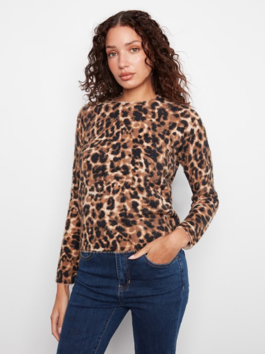 Charlie B Long Sleeve Hairy Knit Crew Neck Printed Sweater