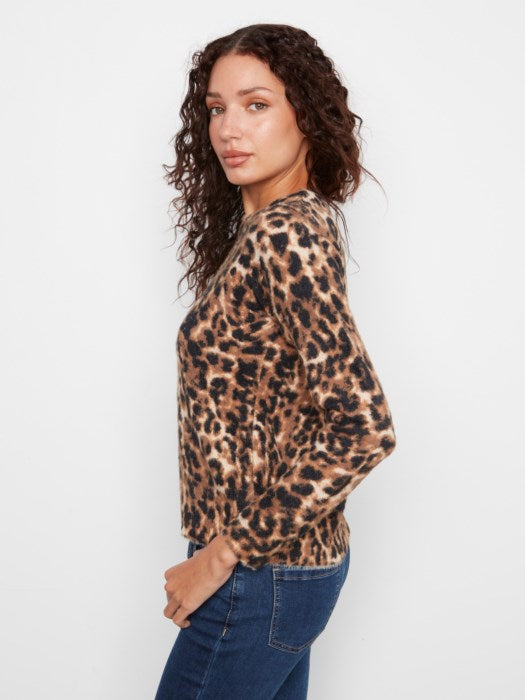 Charlie B Long Sleeve Hairy Knit Crew Neck Printed Sweater