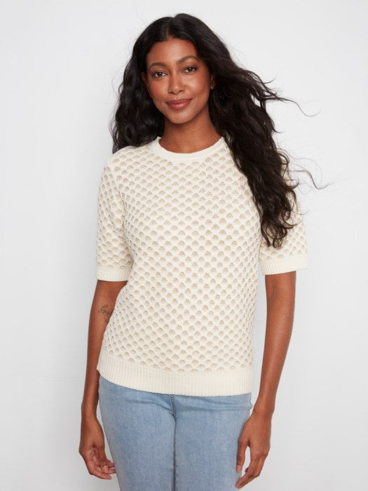 Charlie B Short Sleeve Crew Neck Metallic Two Tone Honeycomb Knit Sweater