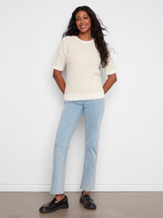 Charlie B Short Sleeve Crew Neck Metallic Two Tone Honeycomb Knit Sweater