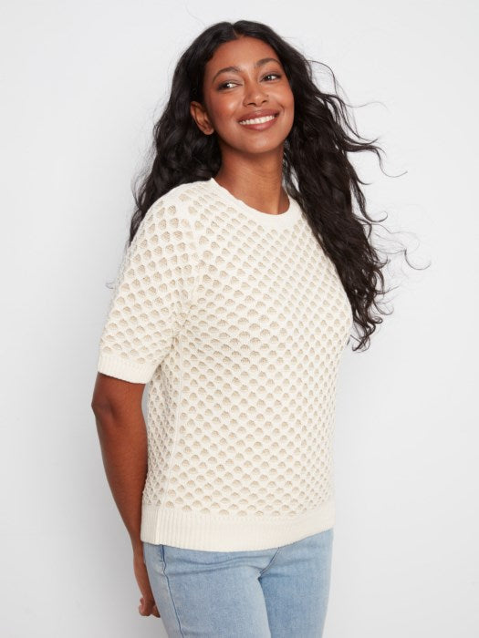 Charlie B Short Sleeve Crew Neck Metallic Two Tone Honeycomb Knit Sweater
