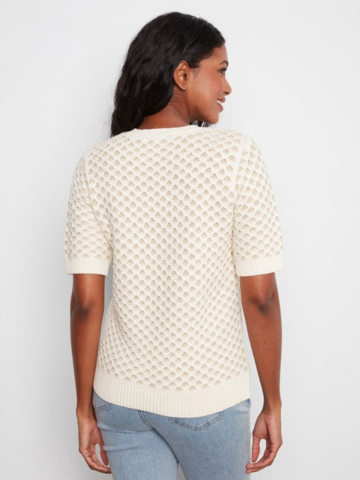 Charlie B Short Sleeve Crew Neck Metallic Two Tone Honeycomb Knit Sweater