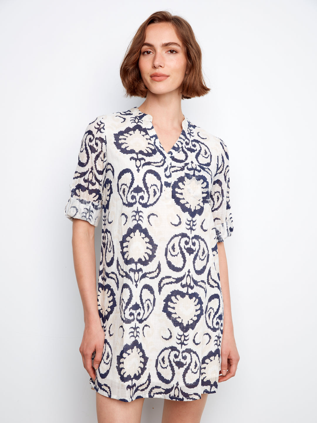 Charlie B Printed Cotton Blend Henley Shirt Dress
