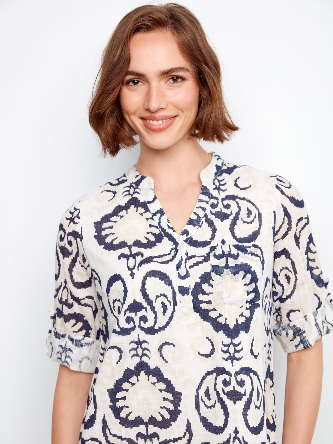 Charlie B Printed Cotton Blend Henley Shirt Dress