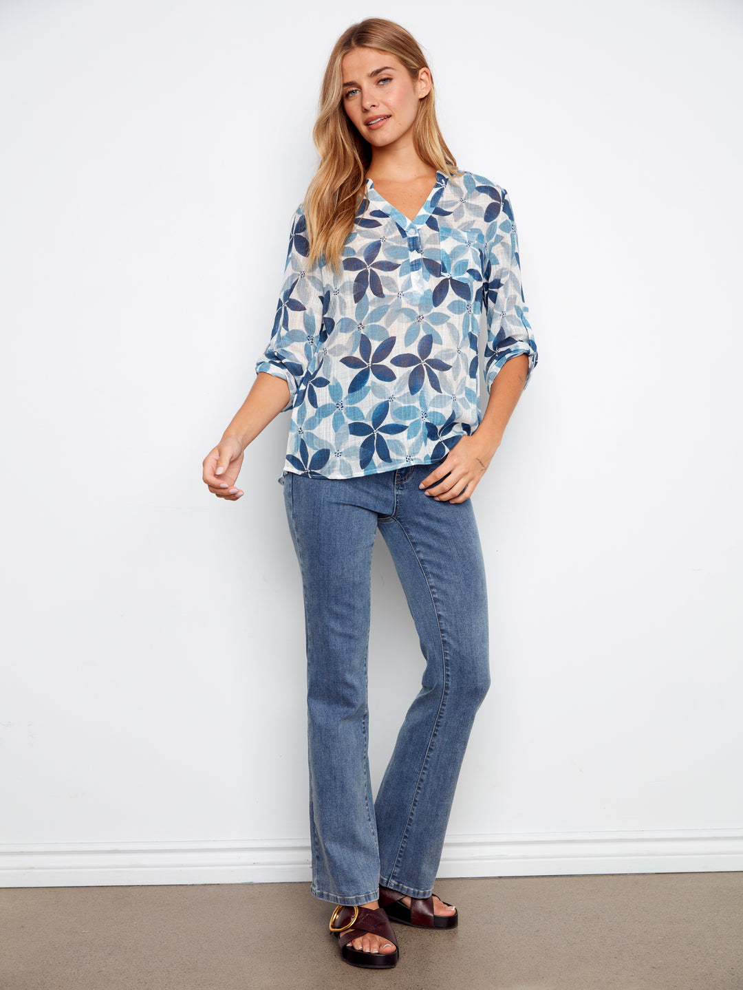 Charlie B Printed Cotton Gauze Half-Button Blouse