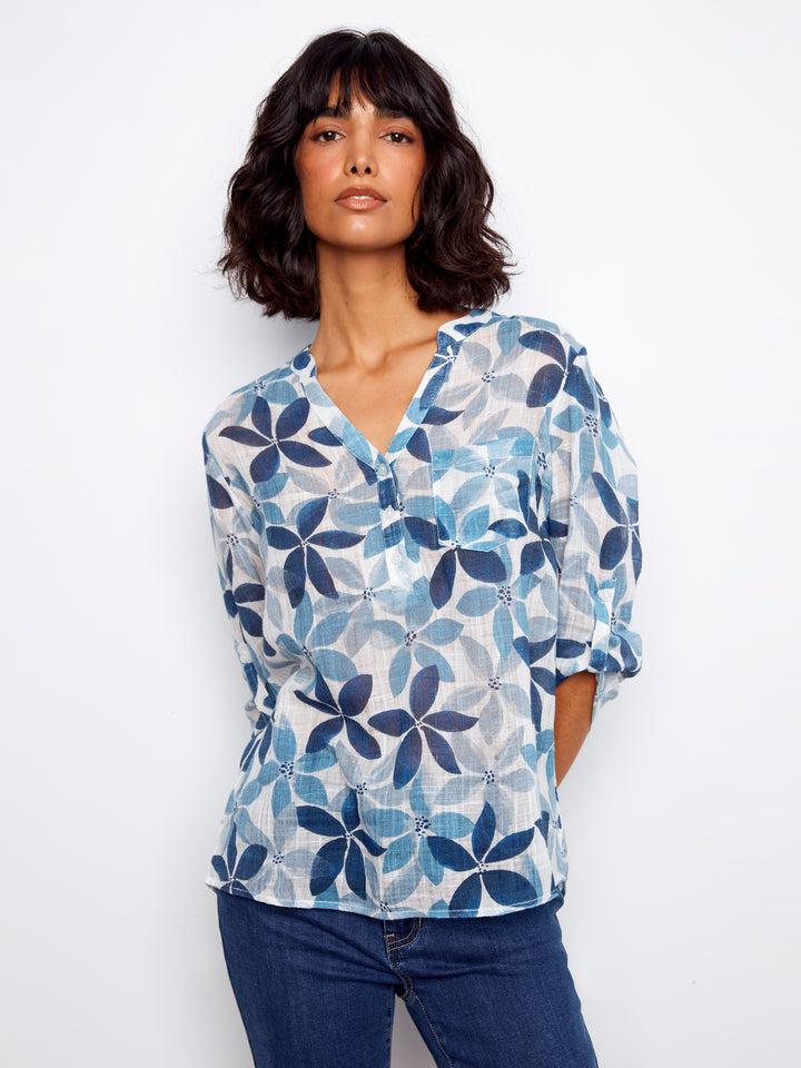Charlie B Printed Cotton Gauze Half-Button Blouse