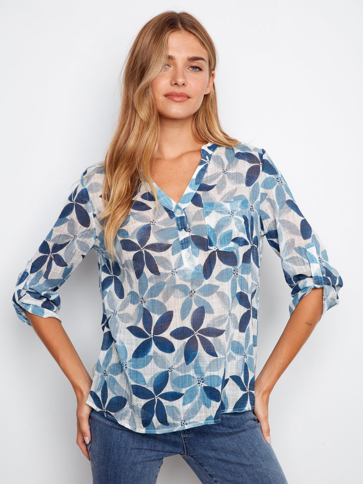 Charlie B Printed Cotton Gauze Half-Button Blouse