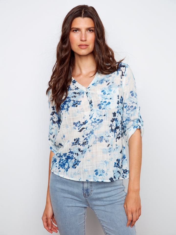 Charlie B Printed Cotton Gauze Half-Button Blouse