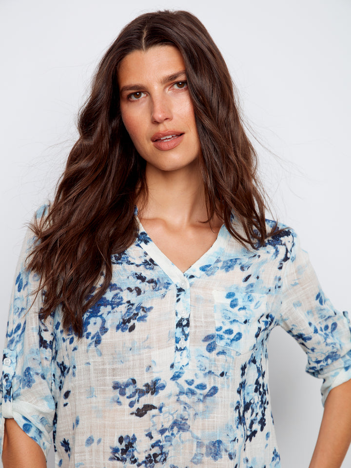 Charlie B Printed Cotton Gauze Half-Button Blouse