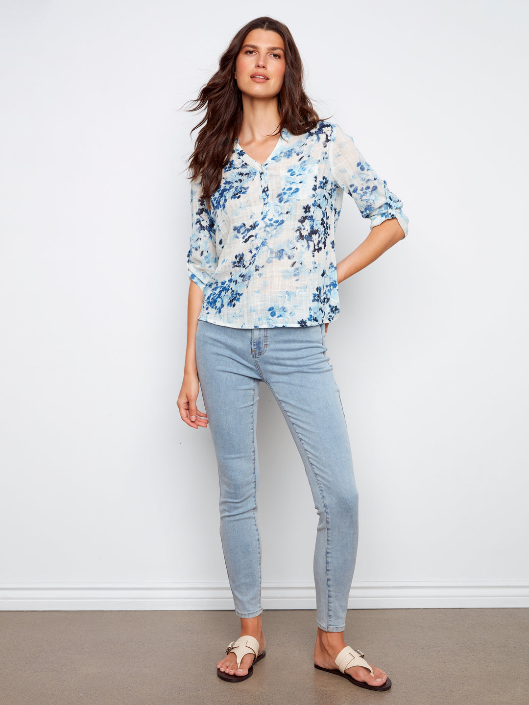 Charlie B Printed Cotton Gauze Half-Button Blouse