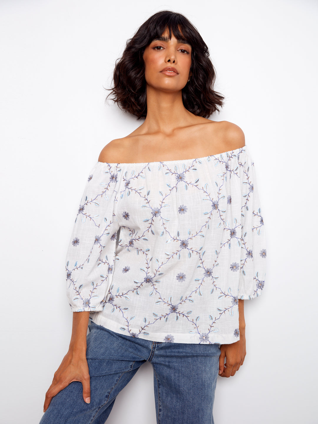 Charlie B Embroidered Cotton Off-Shoulder Blouse