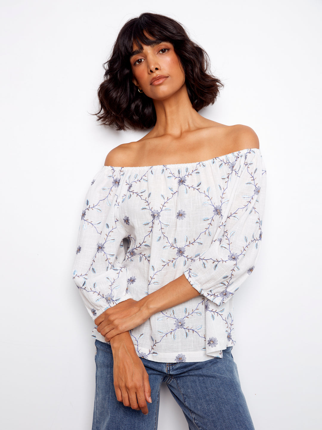 Charlie B Embroidered Cotton Off-Shoulder Blouse