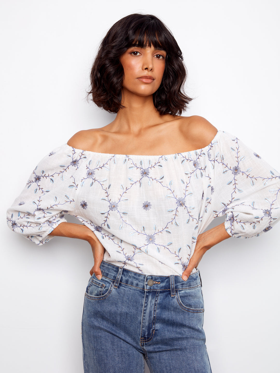 Charlie B Embroidered Cotton Off-Shoulder Blouse