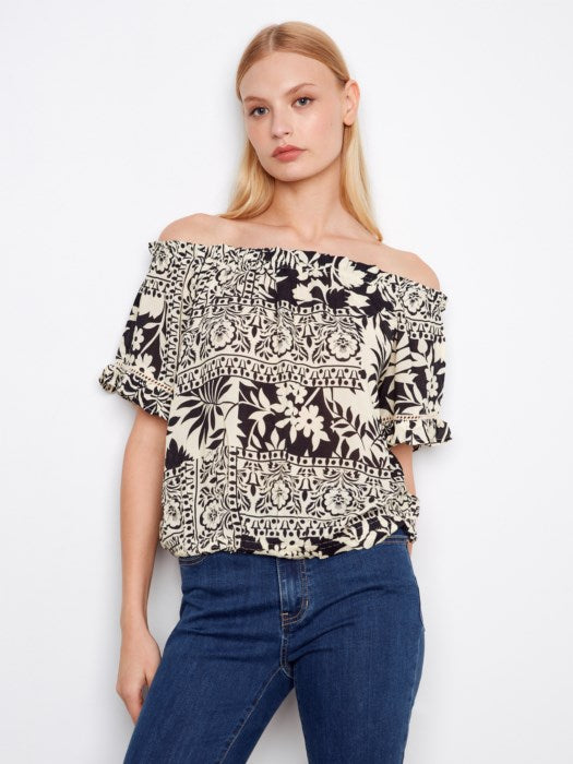 Charlie B Printed Short Sleeve Off-Shoulder Blouse