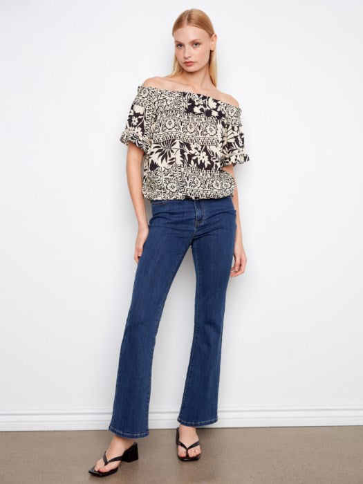 Charlie B Printed Short Sleeve Off-Shoulder Blouse