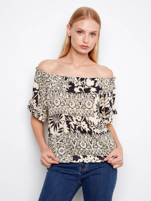 Charlie B Printed Short Sleeve Off-Shoulder Blouse