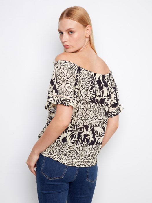 Charlie B Printed Short Sleeve Off-Shoulder Blouse