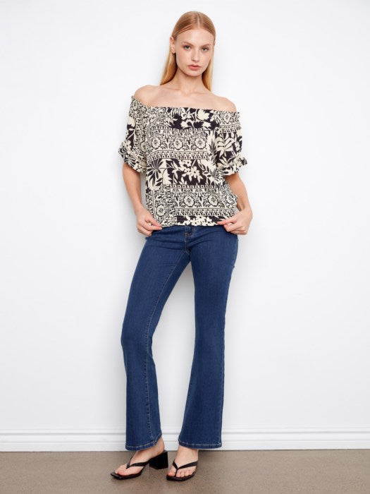 Charlie B Printed Short Sleeve Off-Shoulder Blouse