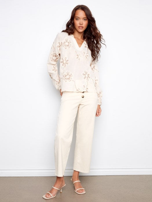 Charlie B Embroidered Cotton Popover Blouse