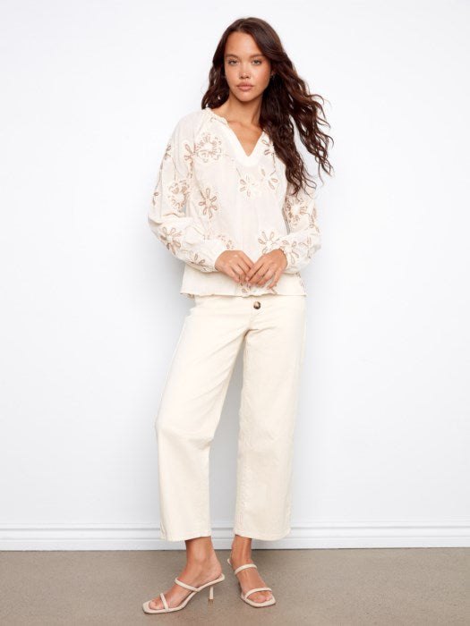 Charlie B Embroidered Cotton Popover Blouse