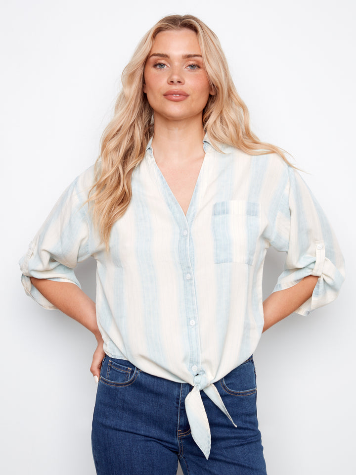Charlie B Striped Linen Blend Blouse With Front Tie