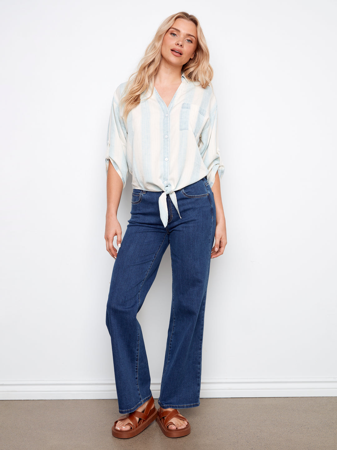 Charlie B Striped Linen Blend Blouse With Front Tie