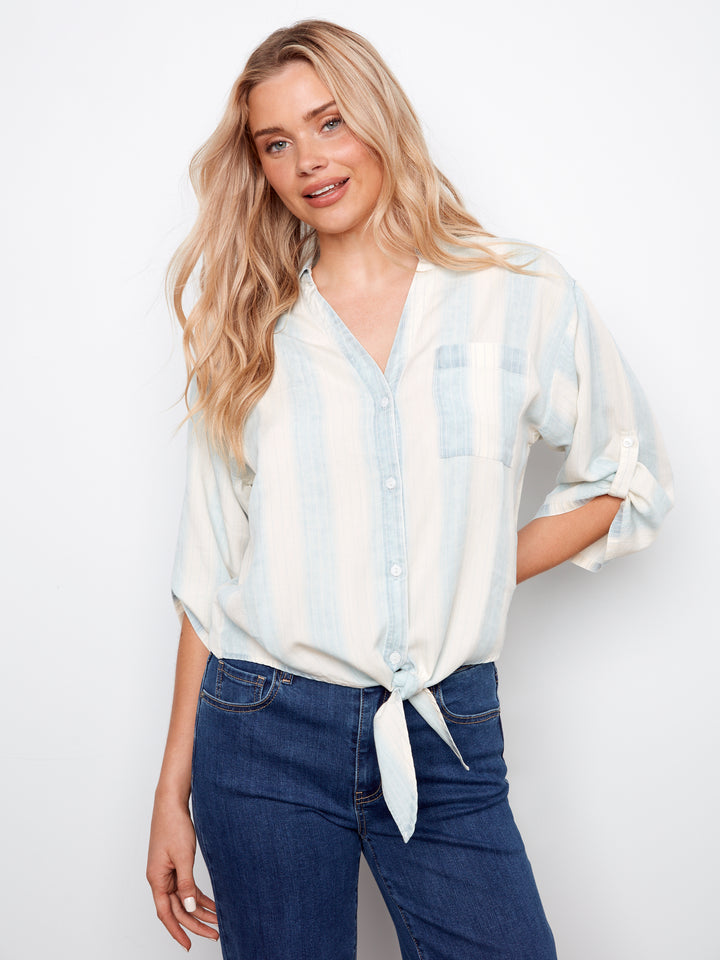 Charlie B Striped Linen Blend Blouse With Front Tie