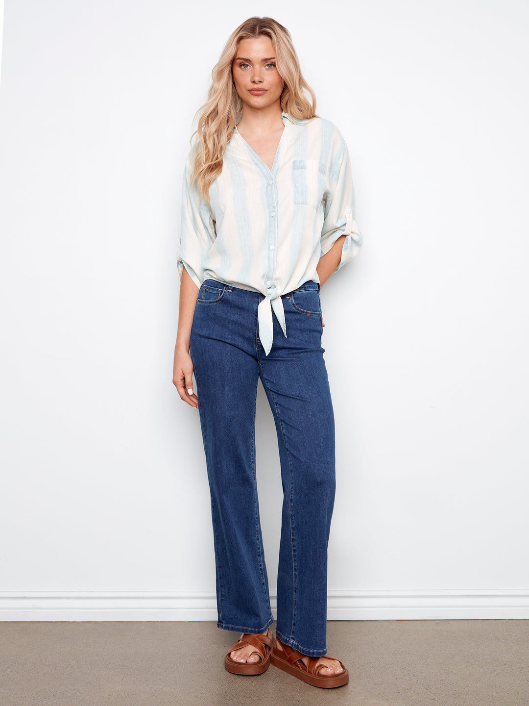 Charlie B Striped Linen Blend Blouse With Front Tie