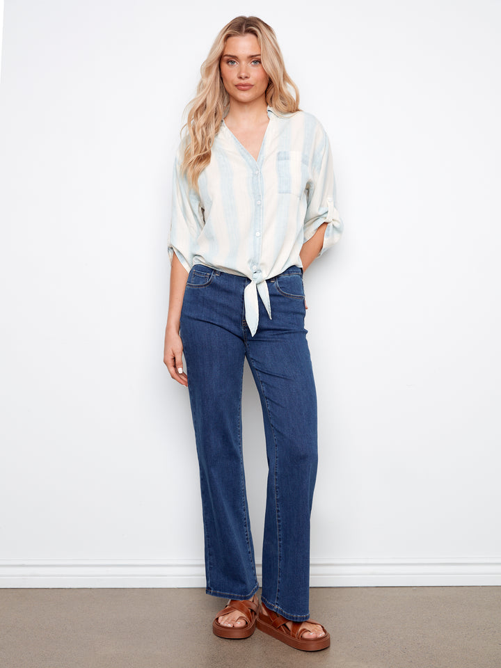 Charlie B Striped Linen Blend Blouse With Front Tie