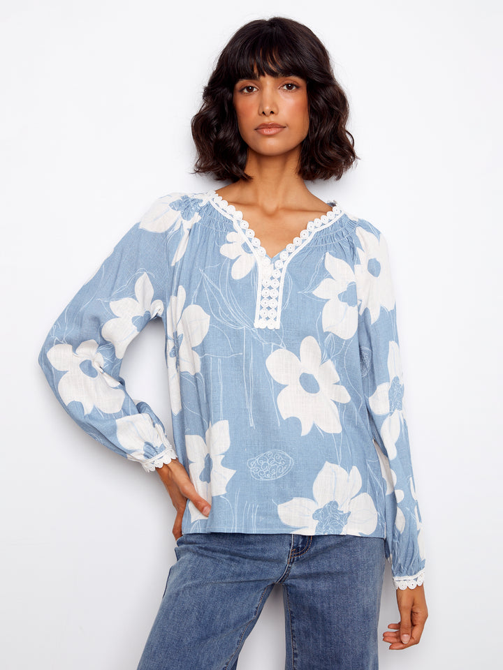 Charlie B Printed Linen Blend Raglan Blouse with Crochet Trim