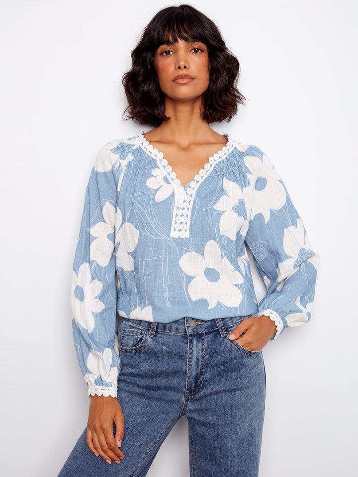 Charlie B Printed Linen Blend Raglan Blouse with Crochet Trim